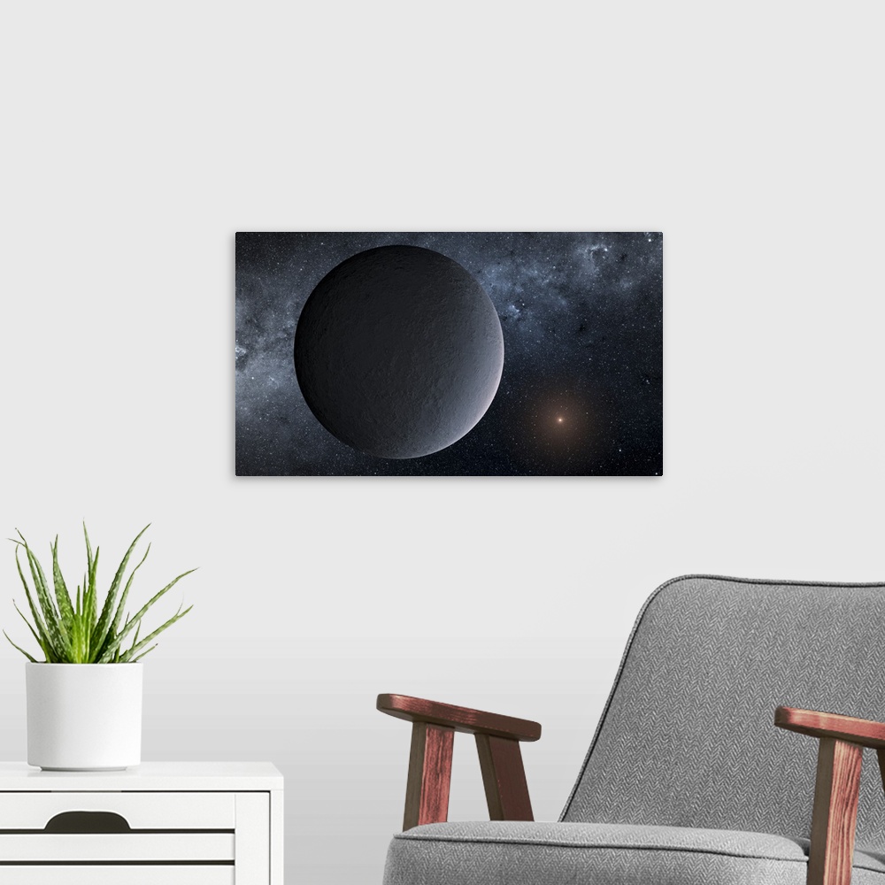 A modern room featuring Artist's concept of exoplanet OGLE-2016-BLG-1195Lb orbiting a small star.