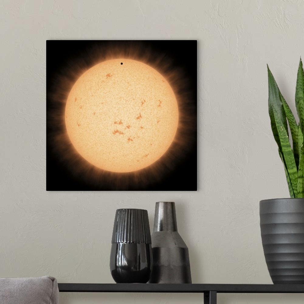 A modern room featuring Artist's concept of the hot rocky exoplanet HD 219134 b as it passes in front of its star.