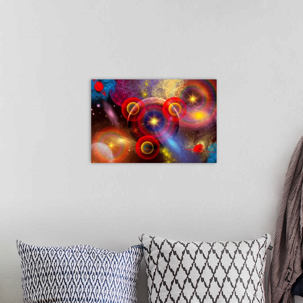 A bohemian room featuring A blurring of colors of planets and stars mixed together in an ever-changing nebula, or maybe it'...