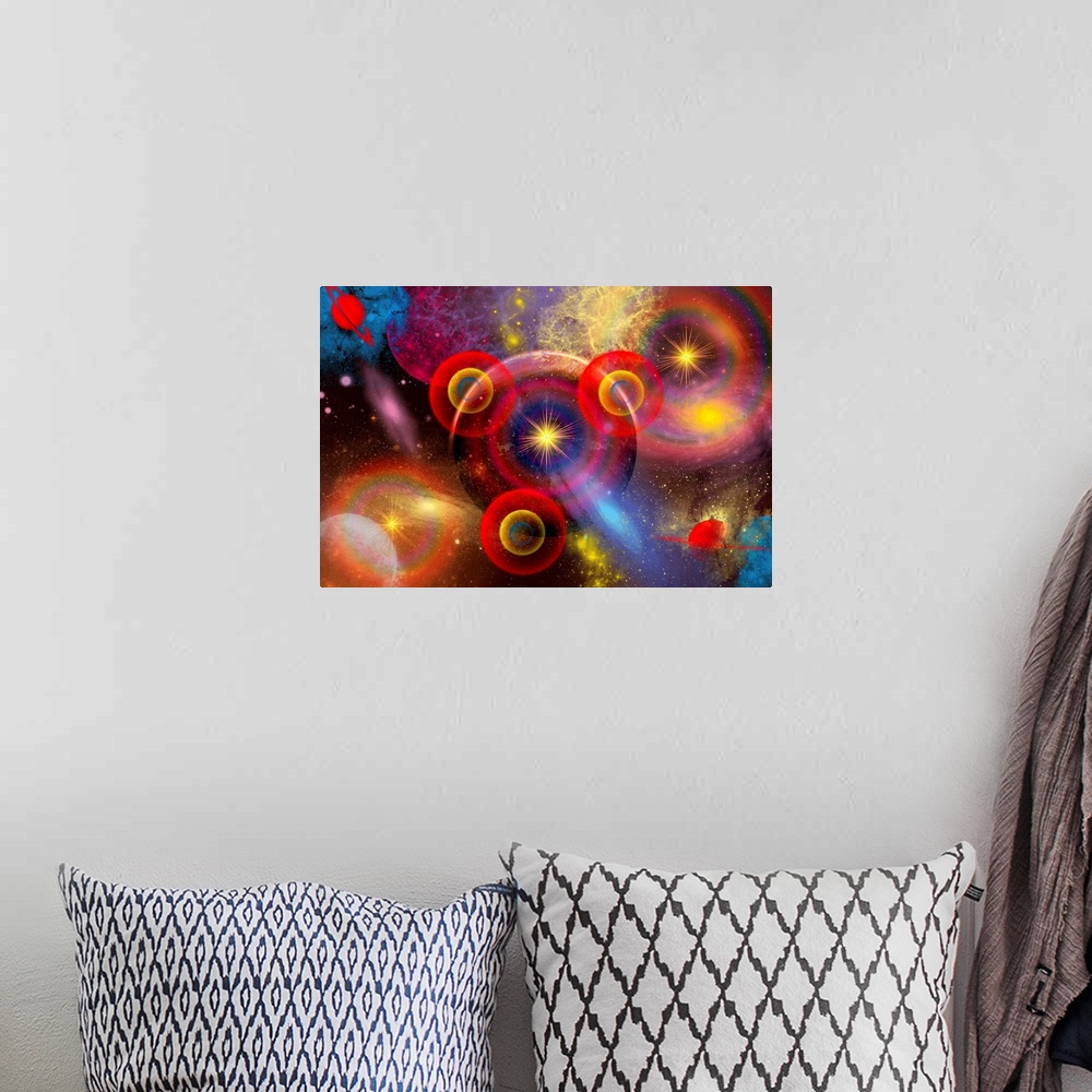 A bohemian room featuring A blurring of colors of planets and stars mixed together in an ever-changing nebula, or maybe it'...
