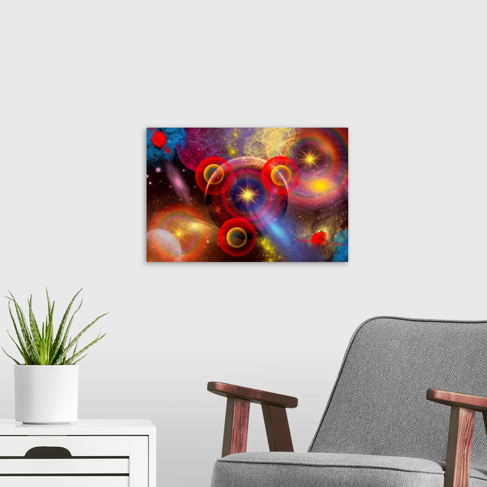 A modern room featuring A blurring of colors of planets and stars mixed together in an ever-changing nebula, or maybe it'...