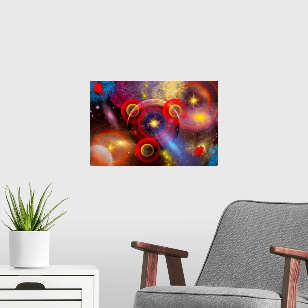A modern room featuring A blurring of colors of planets and stars mixed together in an ever-changing nebula, or maybe it'...
