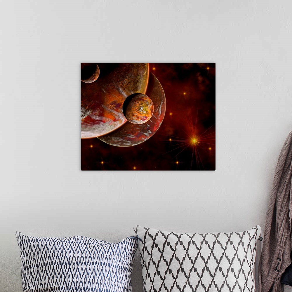 A bohemian room featuring A conceptual image where the stars are red along with the planets and nearby nebula, which is the...