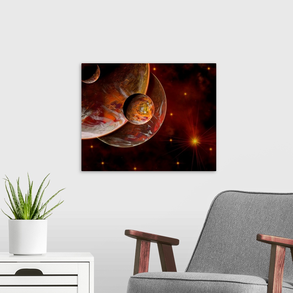 A modern room featuring A conceptual image where the stars are red along with the planets and nearby nebula, which is the...