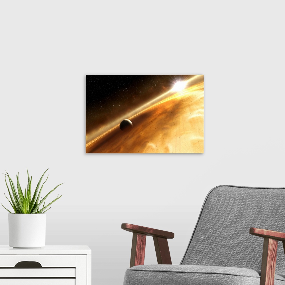 A modern room featuring Artists concept of the star Fomalhaut and a Jupitertype planet