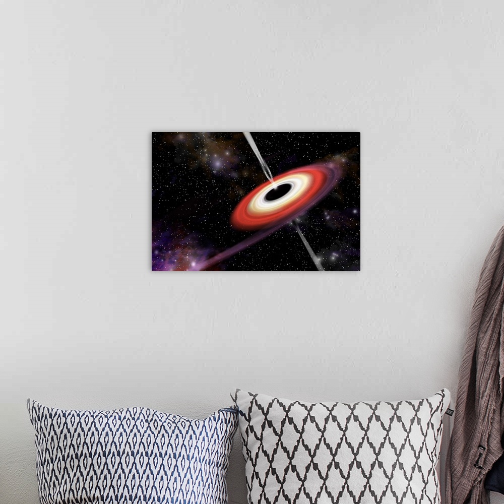 A bohemian room featuring Artist's depiction of a black hole and it's accretion disk in interstellar space.