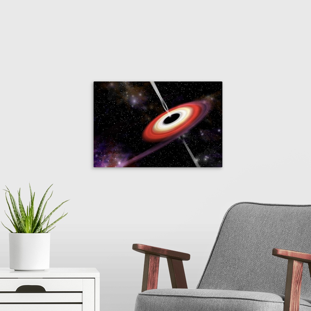 A modern room featuring Artist's depiction of a black hole and it's accretion disk in interstellar space.