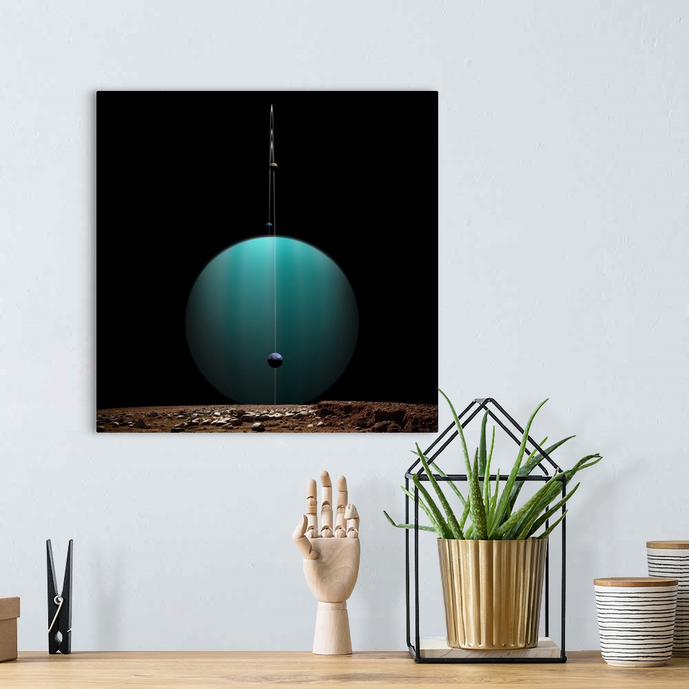 A bohemian room featuring Artist's depiction of a ringed gas giant planet surrounded by it's moons.