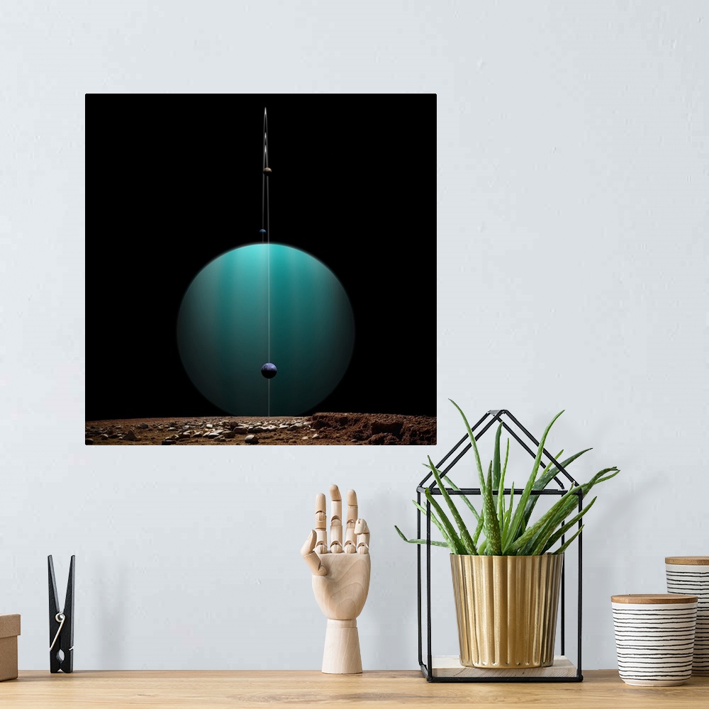 A bohemian room featuring Artist's depiction of a ringed gas giant planet surrounded by it's moons.