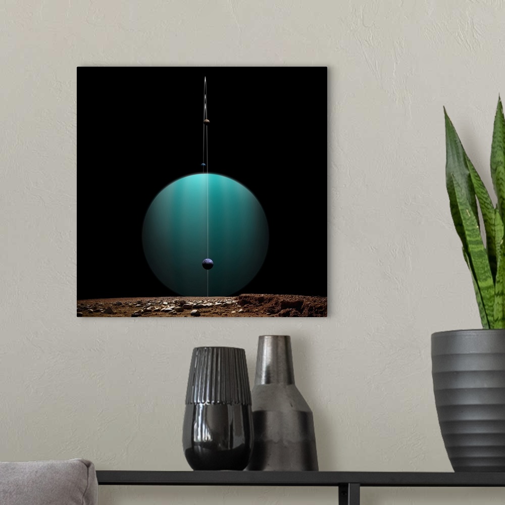 A modern room featuring Artist's depiction of a ringed gas giant planet surrounded by it's moons.