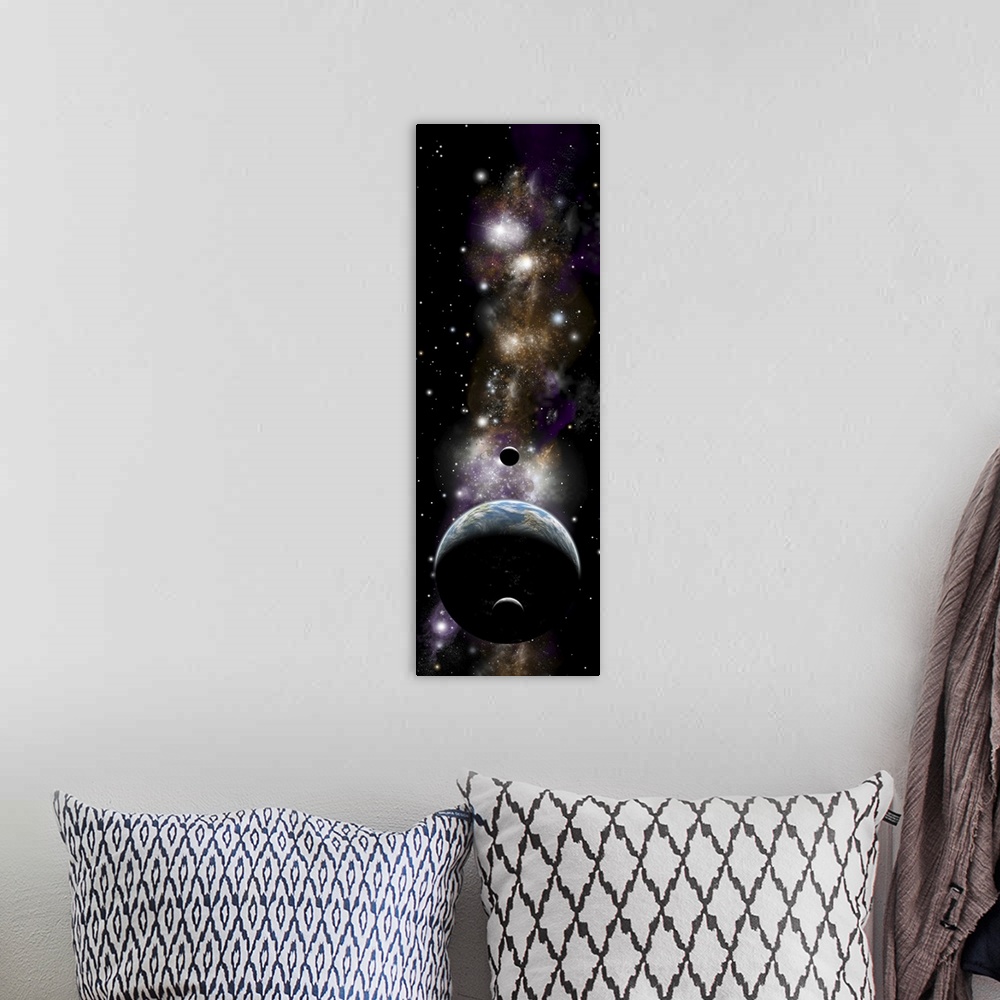 A bohemian room featuring Artist's depiction of an Earth-like planet with a pair of moons in orbit.