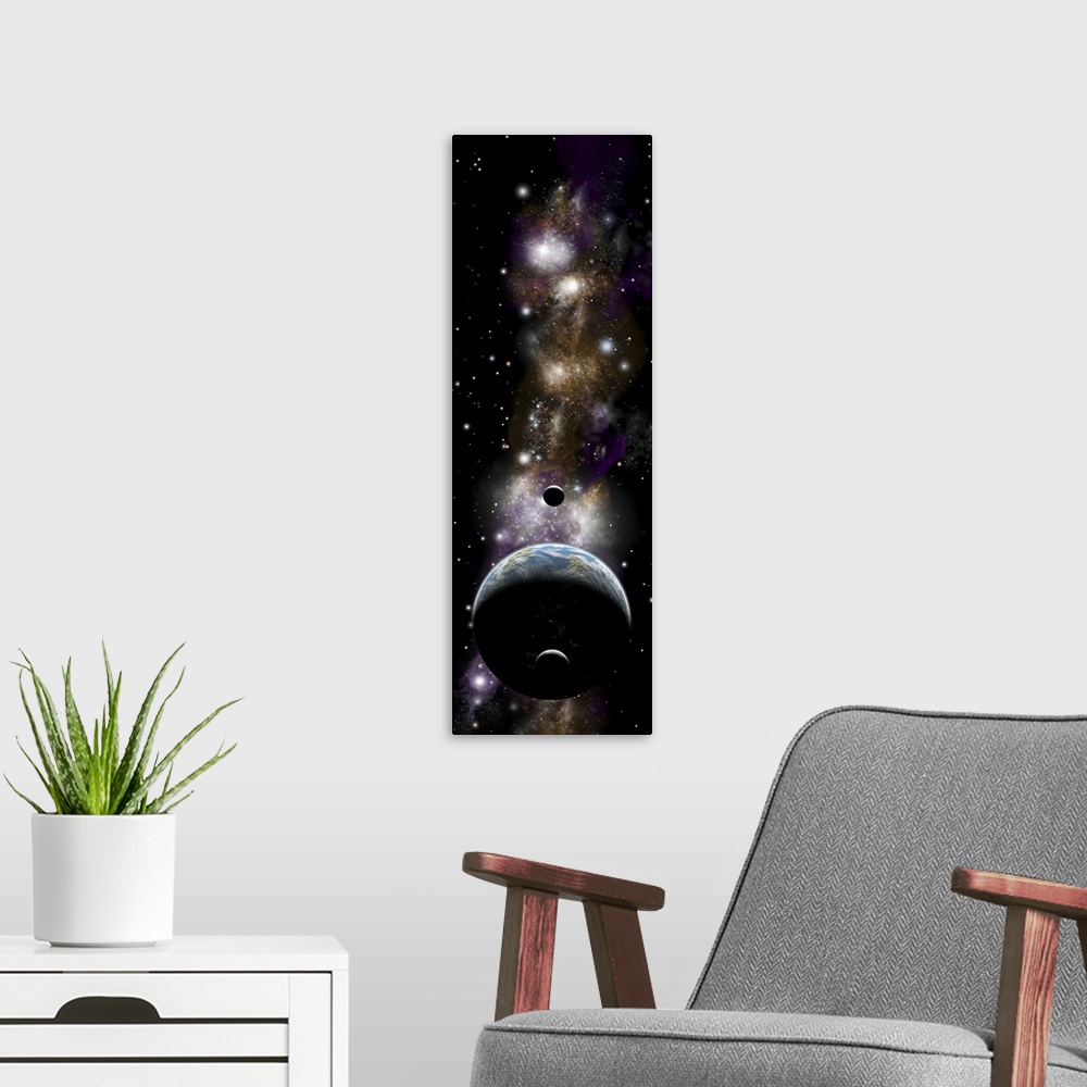 A modern room featuring Artist's depiction of an Earth-like planet with a pair of moons in orbit.