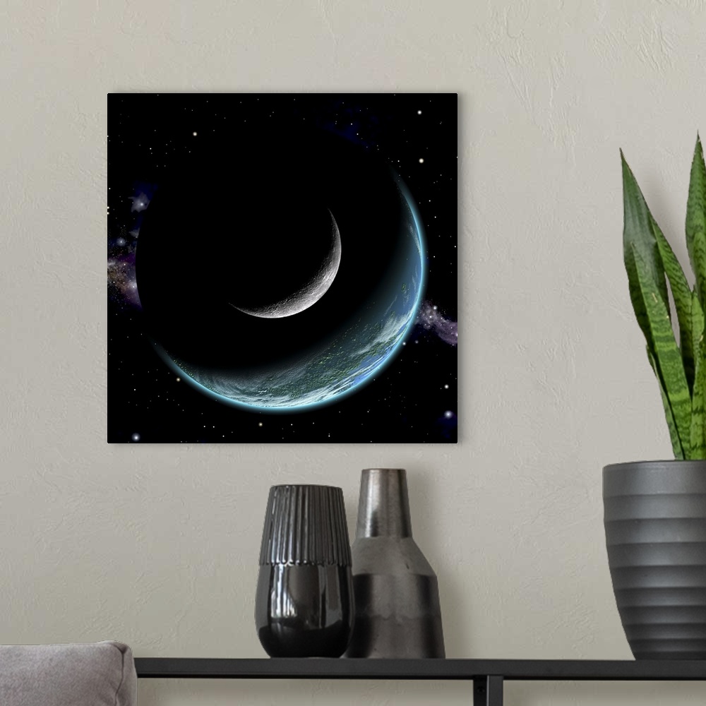 A modern room featuring Artist's depiction of an Earth-like world with a large rocky moon orbiting.