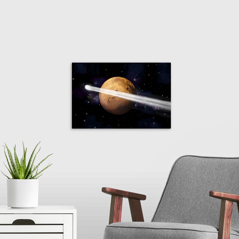 A modern room featuring Artist's depiction of the comet C/2013 A1 making a close pass by Mars.