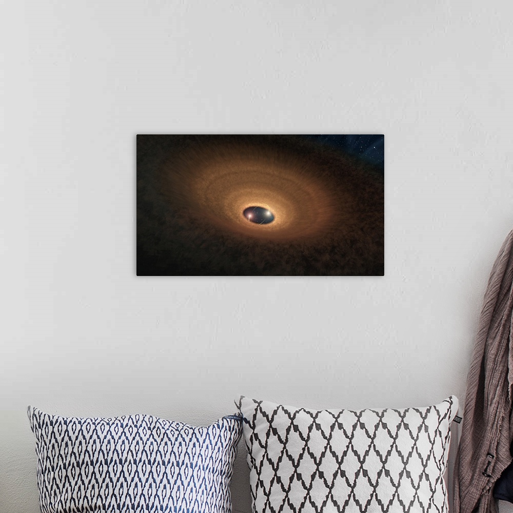 A bohemian room featuring In this artist's impression, a disk of dusty material leftover from star formation girds two youn...