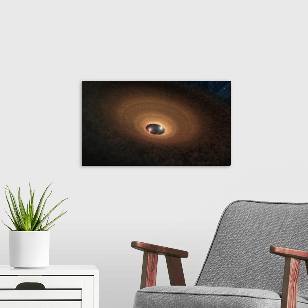 A modern room featuring In this artist's impression, a disk of dusty material leftover from star formation girds two youn...