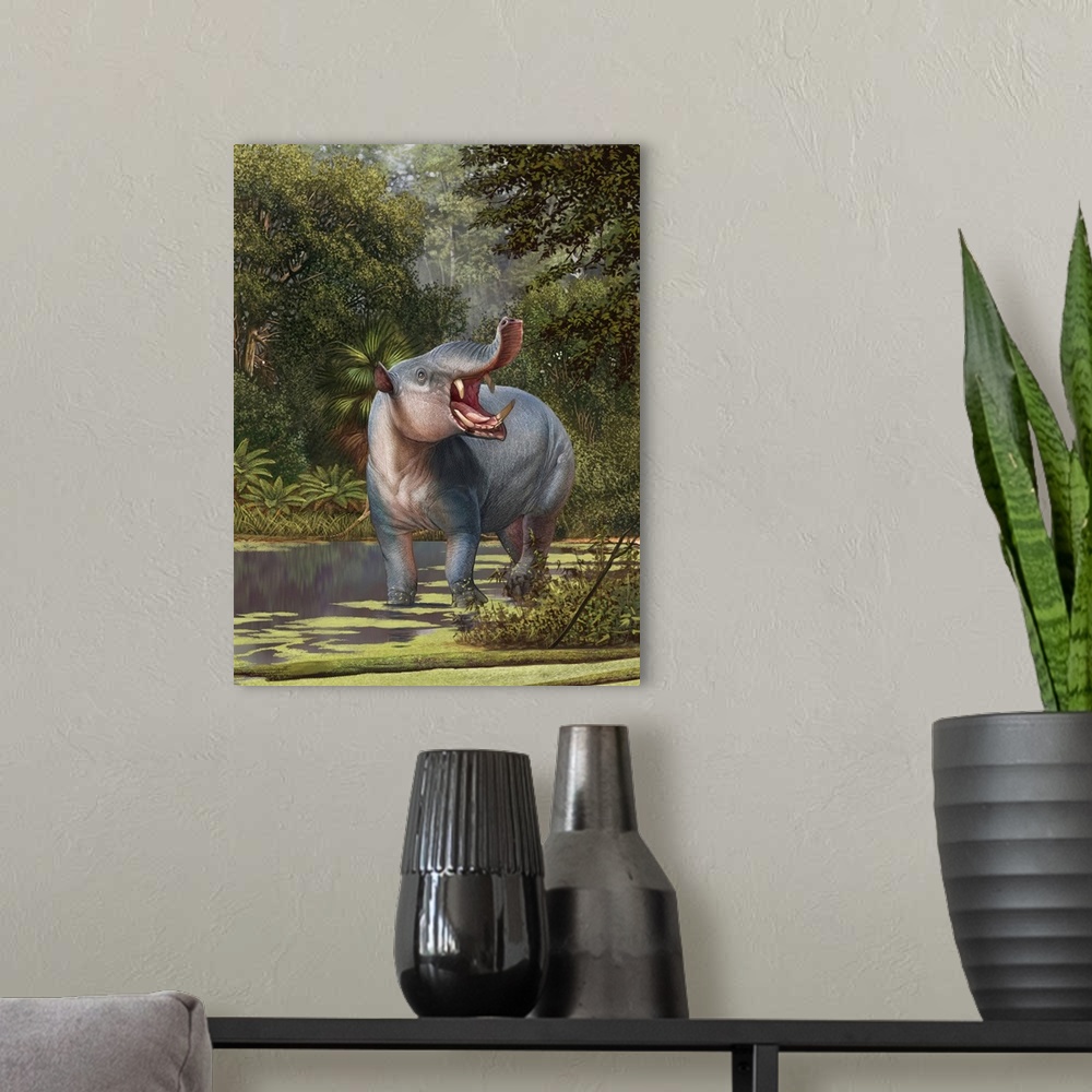 A modern room featuring Astrapotherium magnum grazing prehistoric wetlands.
