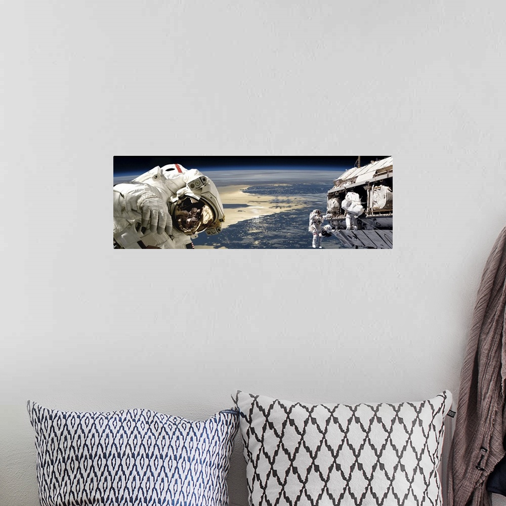 A bohemian room featuring Astronauts working on space station while orbiting above the Baltric region on Earth.