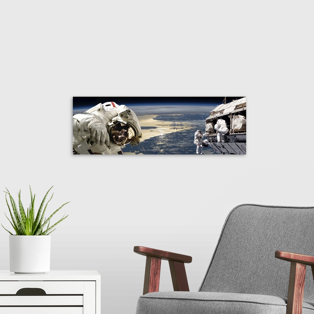 A modern room featuring Astronauts working on space station while orbiting above the Baltric region on Earth.