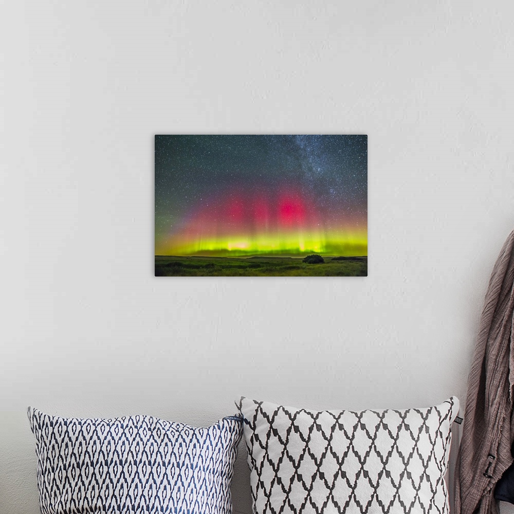 A bohemian room featuring August 26-27, 2014 - Aurora borealis above Grasslands National Park in Saskatchewan, Canada.