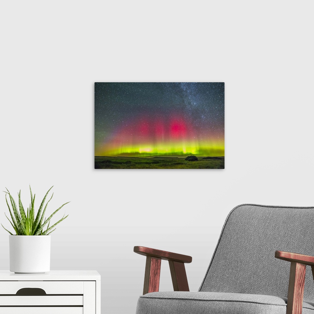 A modern room featuring August 26-27, 2014 - Aurora borealis above Grasslands National Park in Saskatchewan, Canada.