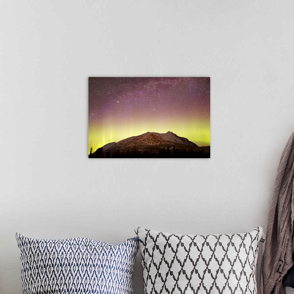 A bohemian room featuring Aurora Borealis, Comet Panstarrs and Milky Way over Carcross Dessert, Carcross, Yukon, Canada.
