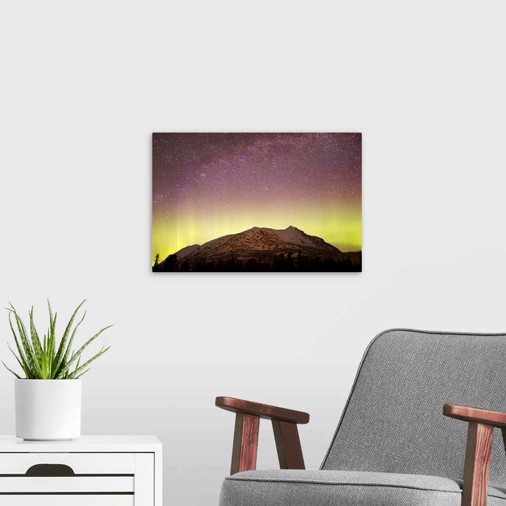 A modern room featuring Aurora Borealis, Comet Panstarrs and Milky Way over Carcross Dessert, Carcross, Yukon, Canada.
