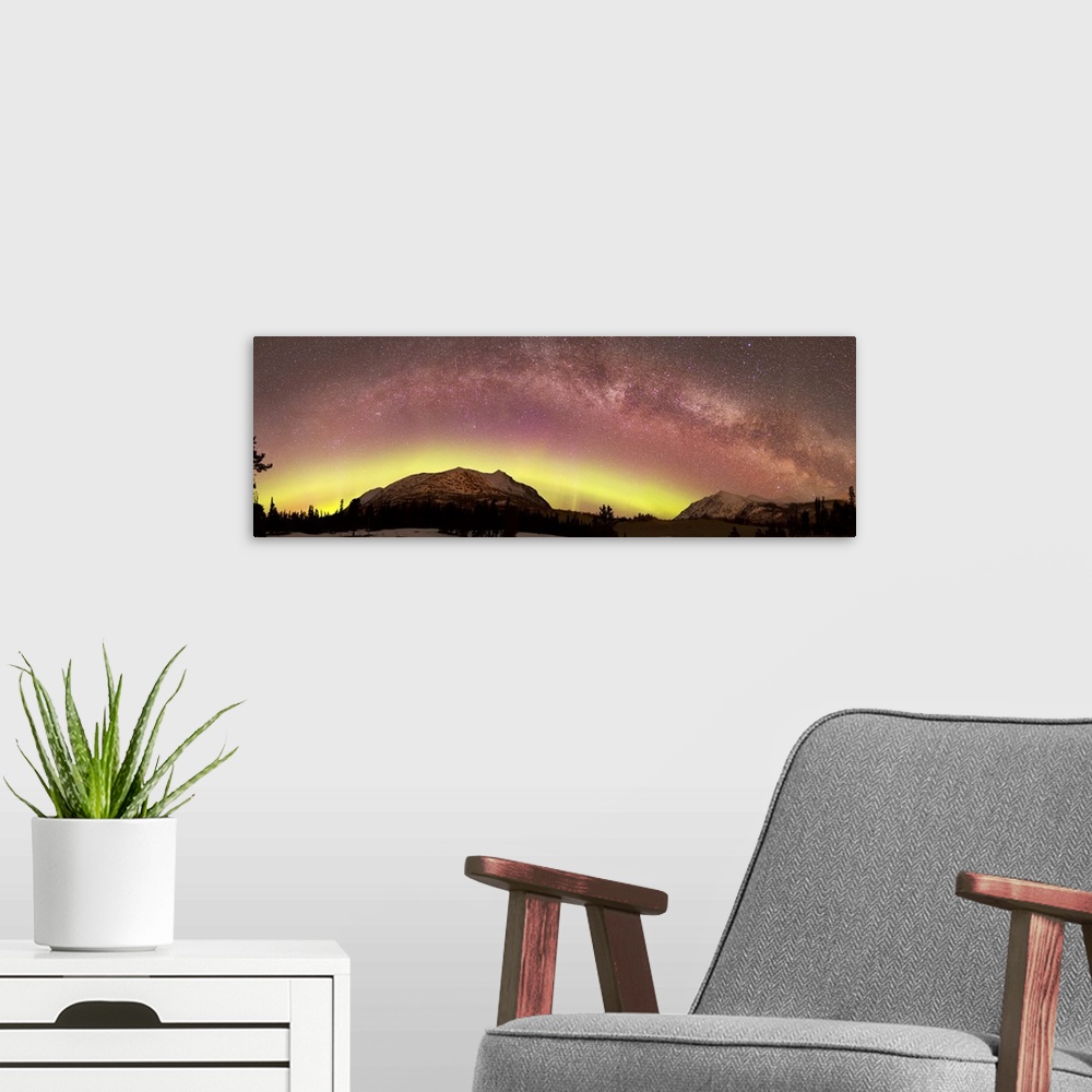 A modern room featuring Aurora borealis, Comet Panstarrs, Shooting Star and Milky Way over Carcross Desert, Carcross, Yuk...