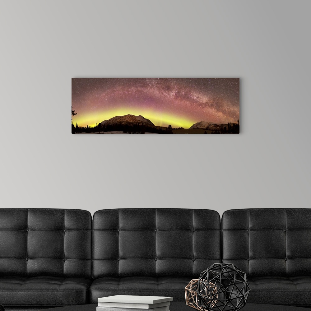 A modern room featuring Aurora borealis, Comet Panstarrs, Shooting Star and Milky Way over Carcross Desert, Carcross, Yuk...