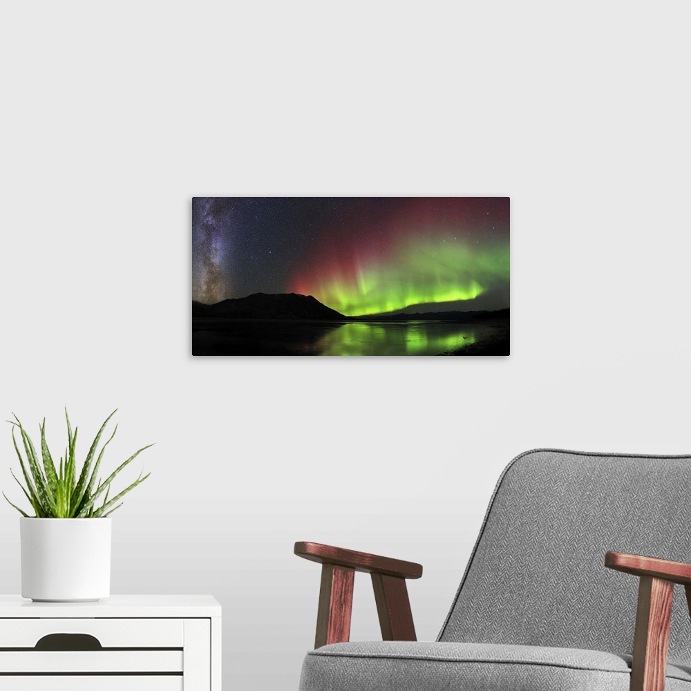 A modern room featuring Aurora borealis Milky Way, Big Dipper, and a shooting star above Kluane Lake, Yukon, Canada.