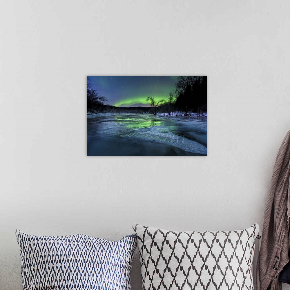 A bohemian room featuring Aurora Borealis over a frozen Kvannelva River, Troms, Norway.