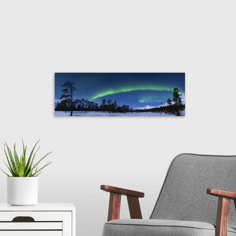 A modern room featuring Aurora Borealis over Nova Mountain Wilderness, Troms, Norway.