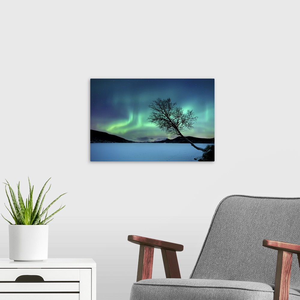 A modern room featuring Aurora Borealis over Sandvannet Lake in Troms County, Norway. Auroras are the result of the emiss...