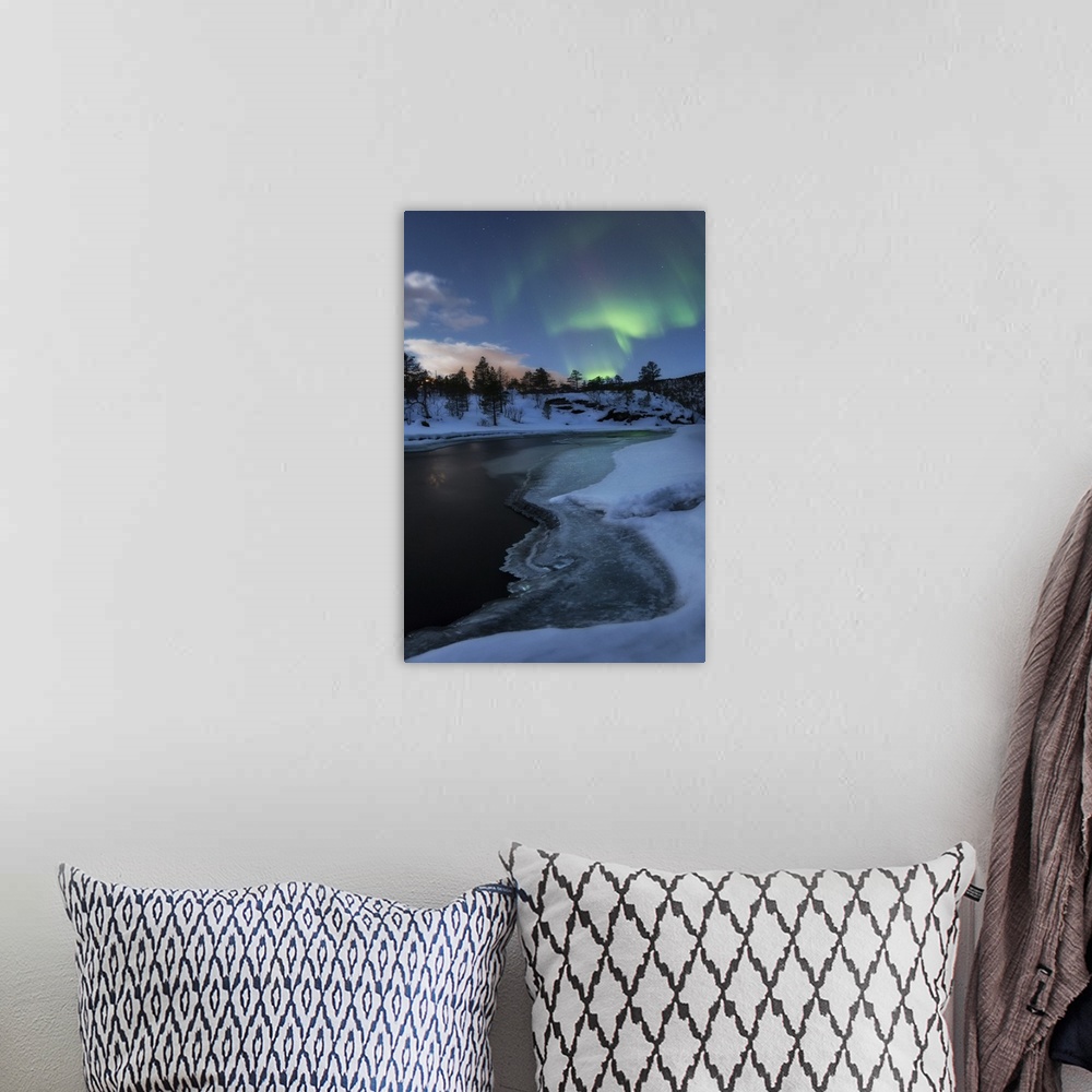 A bohemian room featuring Aurora Borealis over Tennevik River, Troms, Norway.