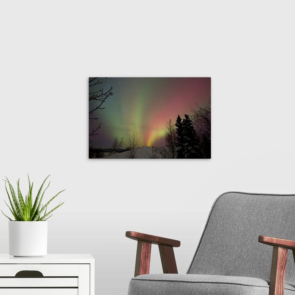 A modern room featuring Aurora borealis, Twin Lakes, Yukon, Canada.