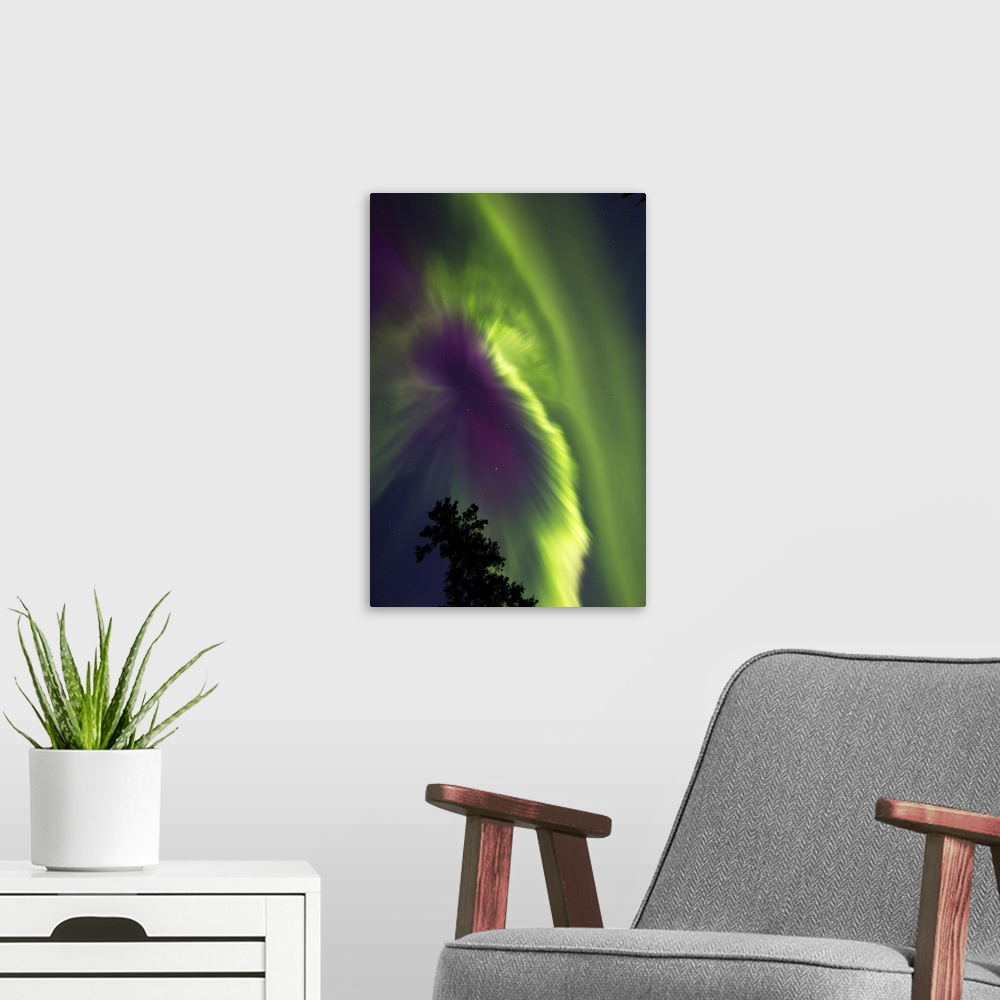 A modern room featuring Aurora borealis, Whitehorse, Yukon, Canada.