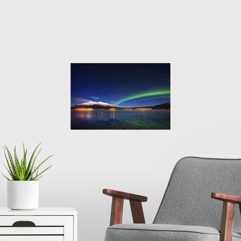 A modern room featuring Aurora over Tjeldsundet and Saetertinden Mountain in Troms County, Norway. Auroras are the result...
