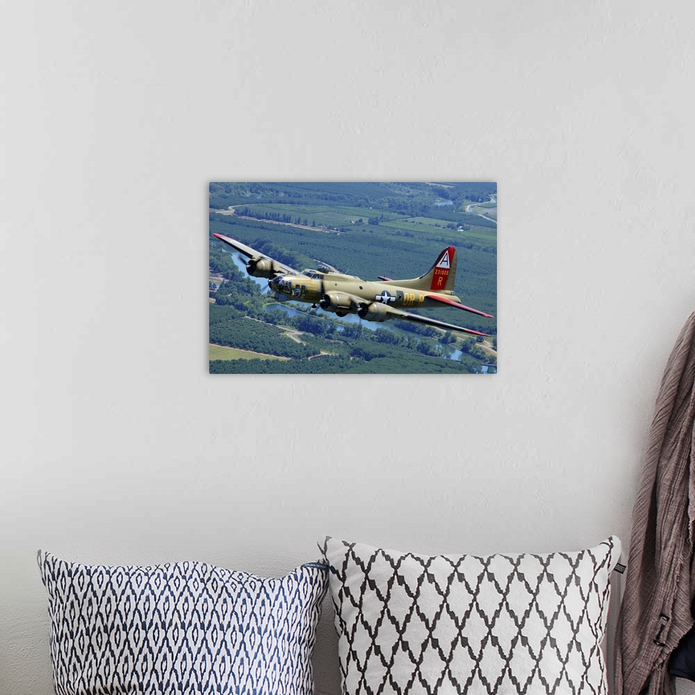 A bohemian room featuring B-17 Flying Fortress flying over Concord, California.