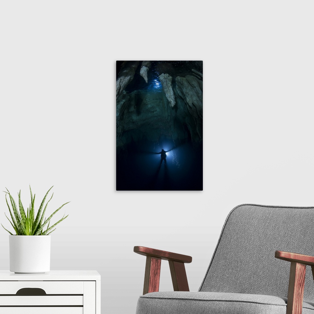 A modern room featuring Backlit diver in Chandelier Cave with large stalactites.