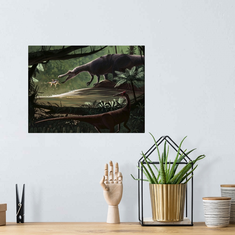 A bohemian room featuring Baryonyx walkeri fishing on the migration of Catharus, while a Pelecanimimus polyodon prowls the ...