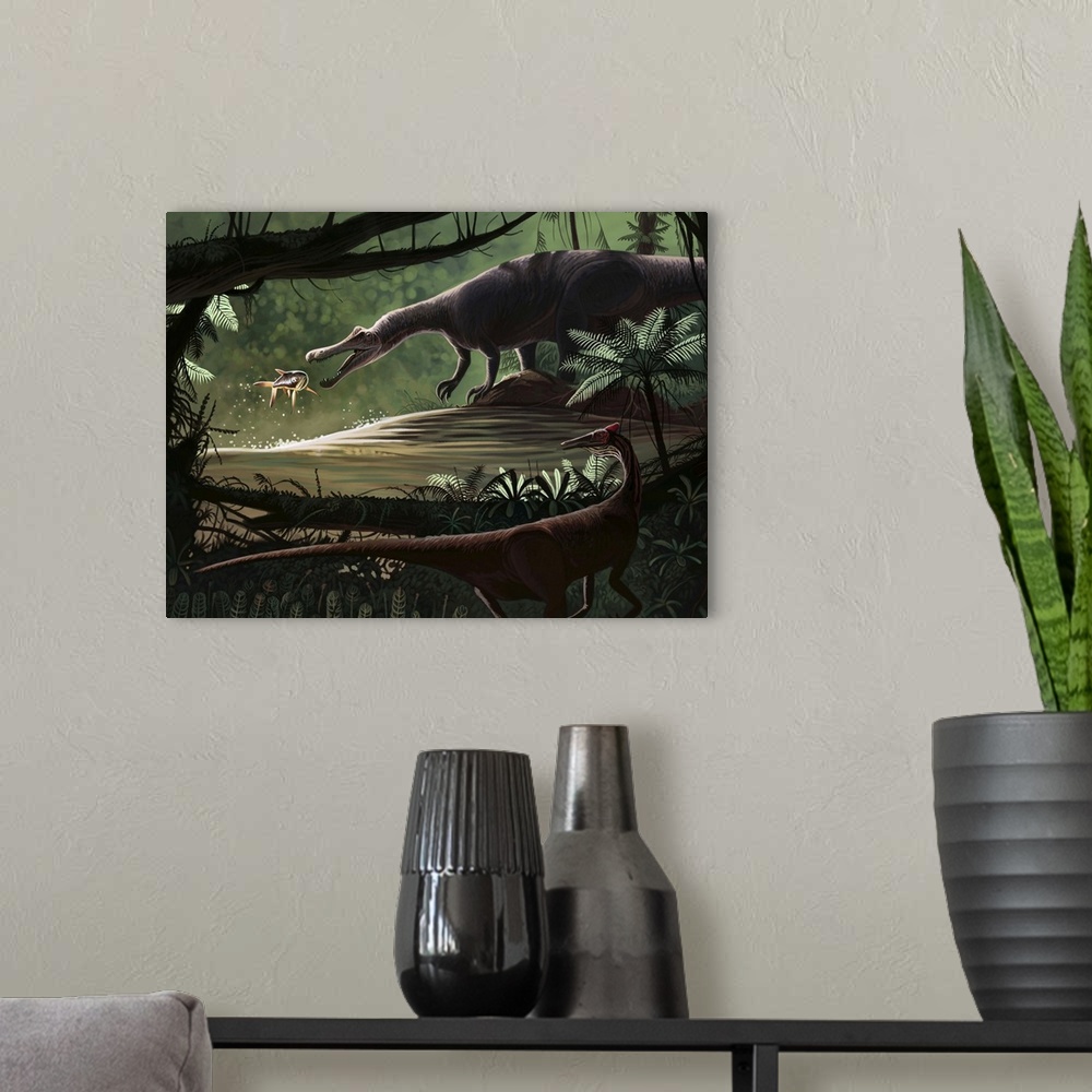 A modern room featuring Baryonyx walkeri fishing on the migration of Catharus, while a Pelecanimimus polyodon prowls the ...