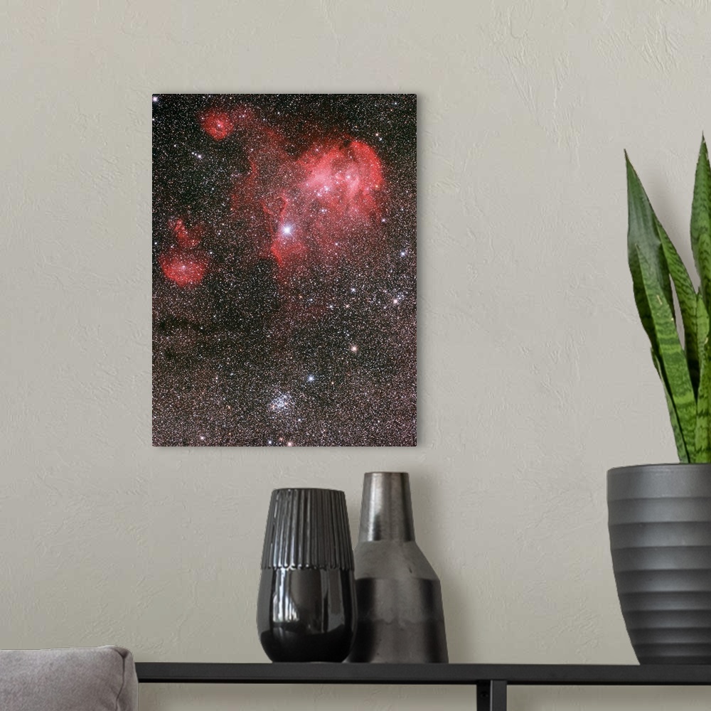 A modern room featuring Bat Nebula (IC 2948) and open star cluster NGC 3766, the Pearl Cluster.