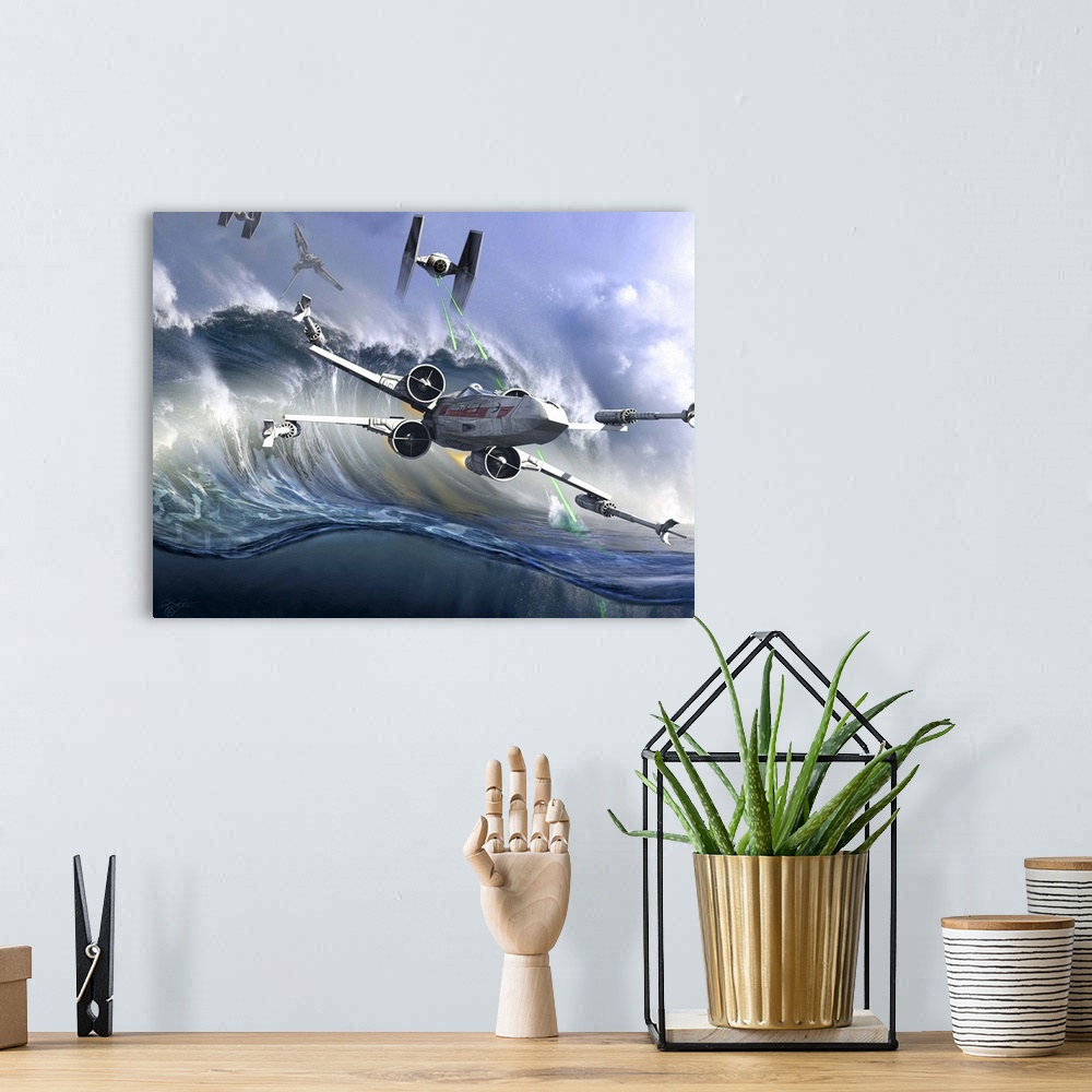 A bohemian room featuring An X-Wing flying over the ocean on Kamino. Kamino is a fictional ocean planet, in the fictional S...