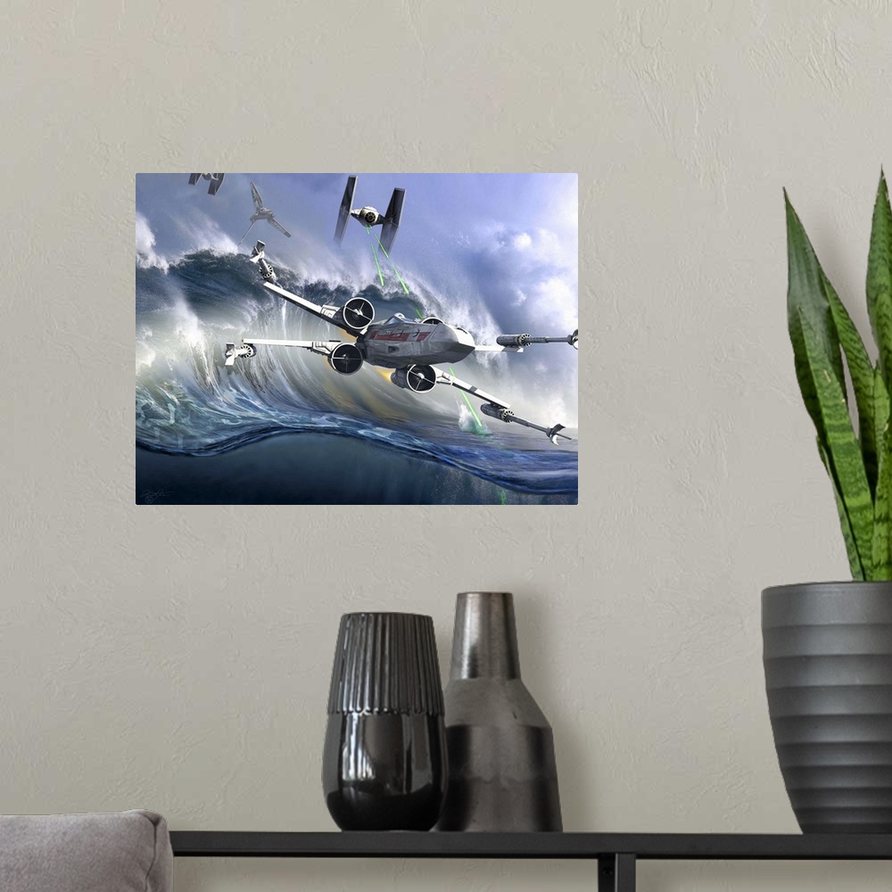 A modern room featuring An X-Wing flying over the ocean on Kamino. Kamino is a fictional ocean planet, in the fictional S...