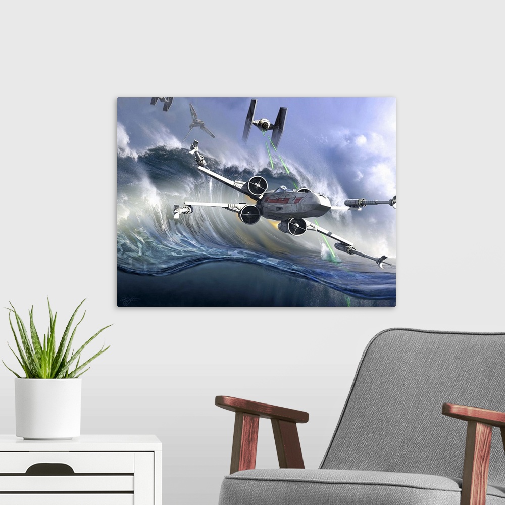 A modern room featuring An X-Wing flying over the ocean on Kamino. Kamino is a fictional ocean planet, in the fictional S...