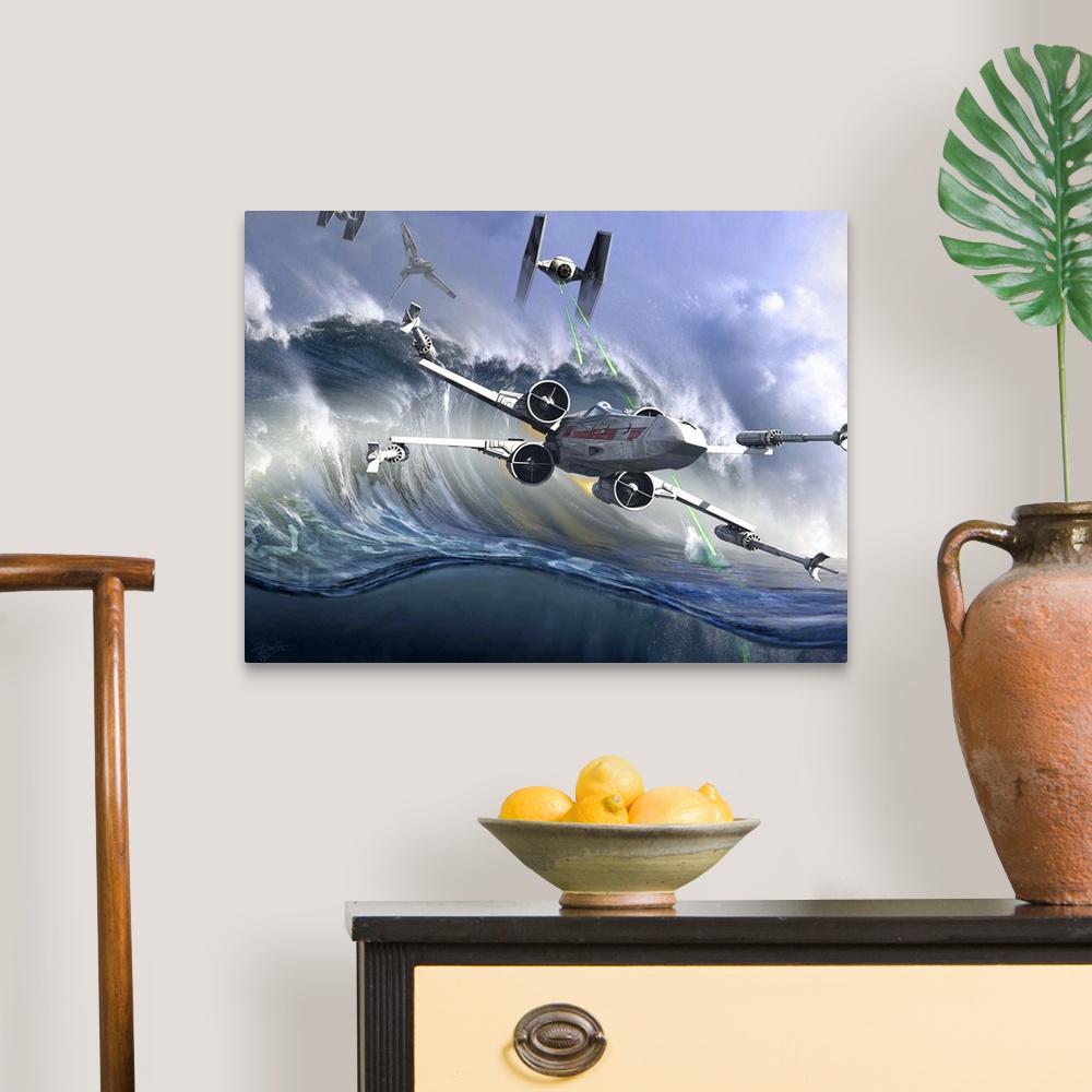 A traditional room featuring An X-Wing flying over the ocean on Kamino. Kamino is a fictional ocean planet, in the fictional S...