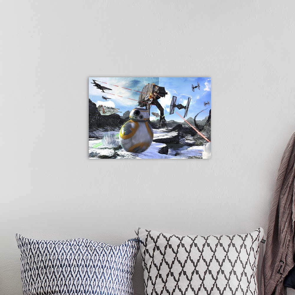 A bohemian room featuring BB-8 rolling through the snow, away from an AT-AT and TIE fighters.