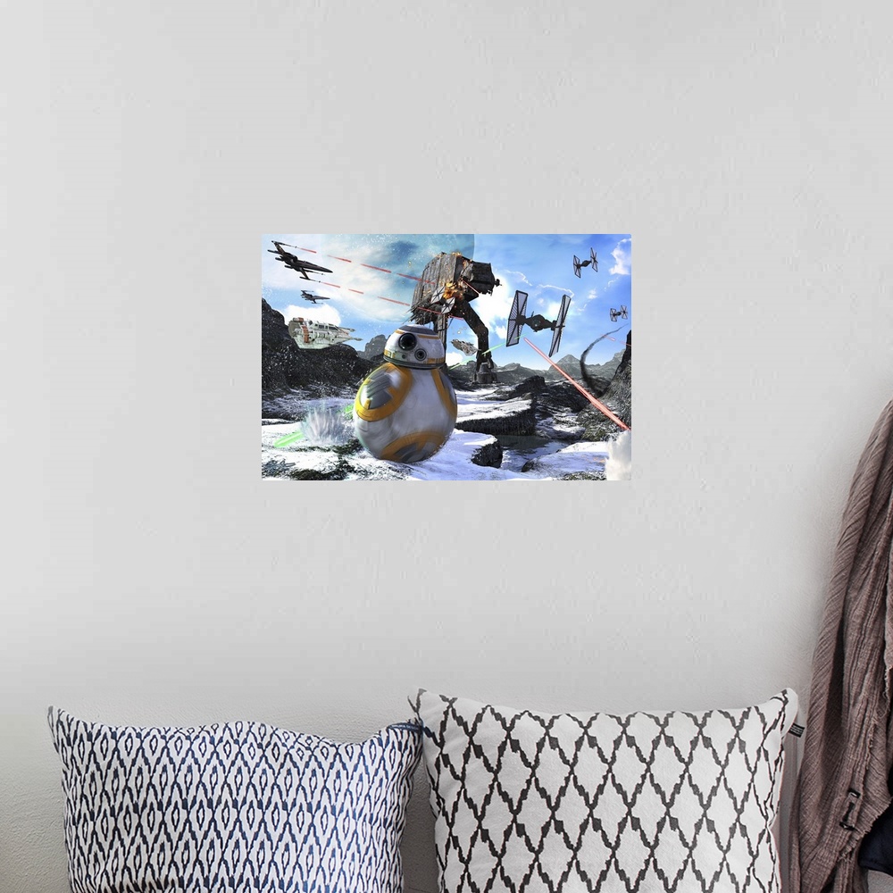 A bohemian room featuring BB-8 rolling through the snow, away from an AT-AT and TIE fighters.