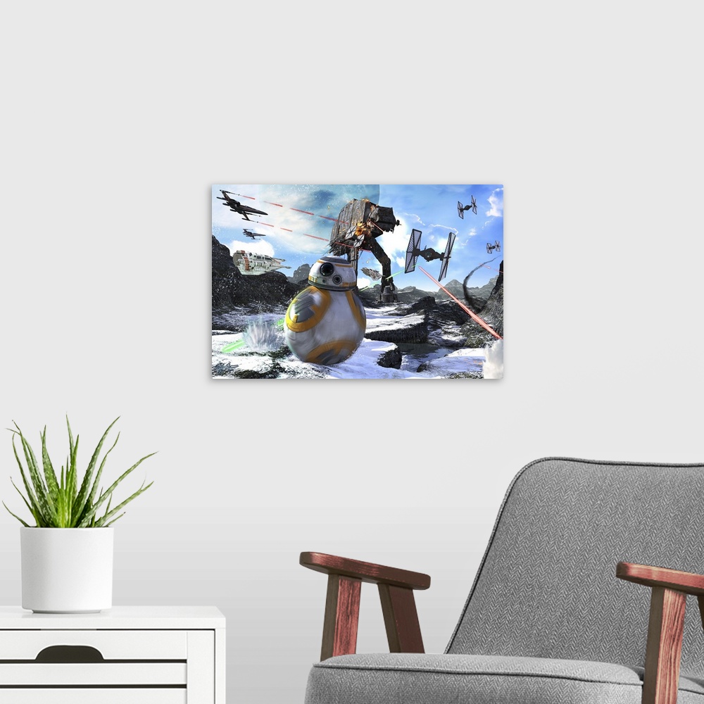 A modern room featuring BB-8 rolling through the snow, away from an AT-AT and TIE fighters.