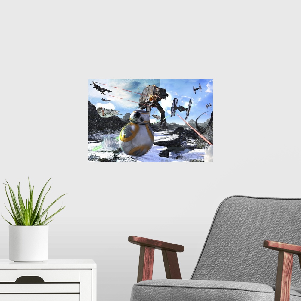 A modern room featuring BB-8 rolling through the snow, away from an AT-AT and TIE fighters.